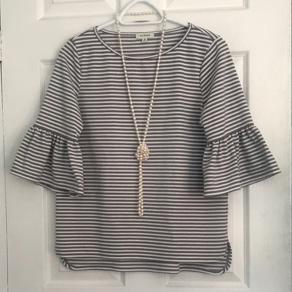 Max Studio Grey+White Striped Top Ruffle Sleeve SM